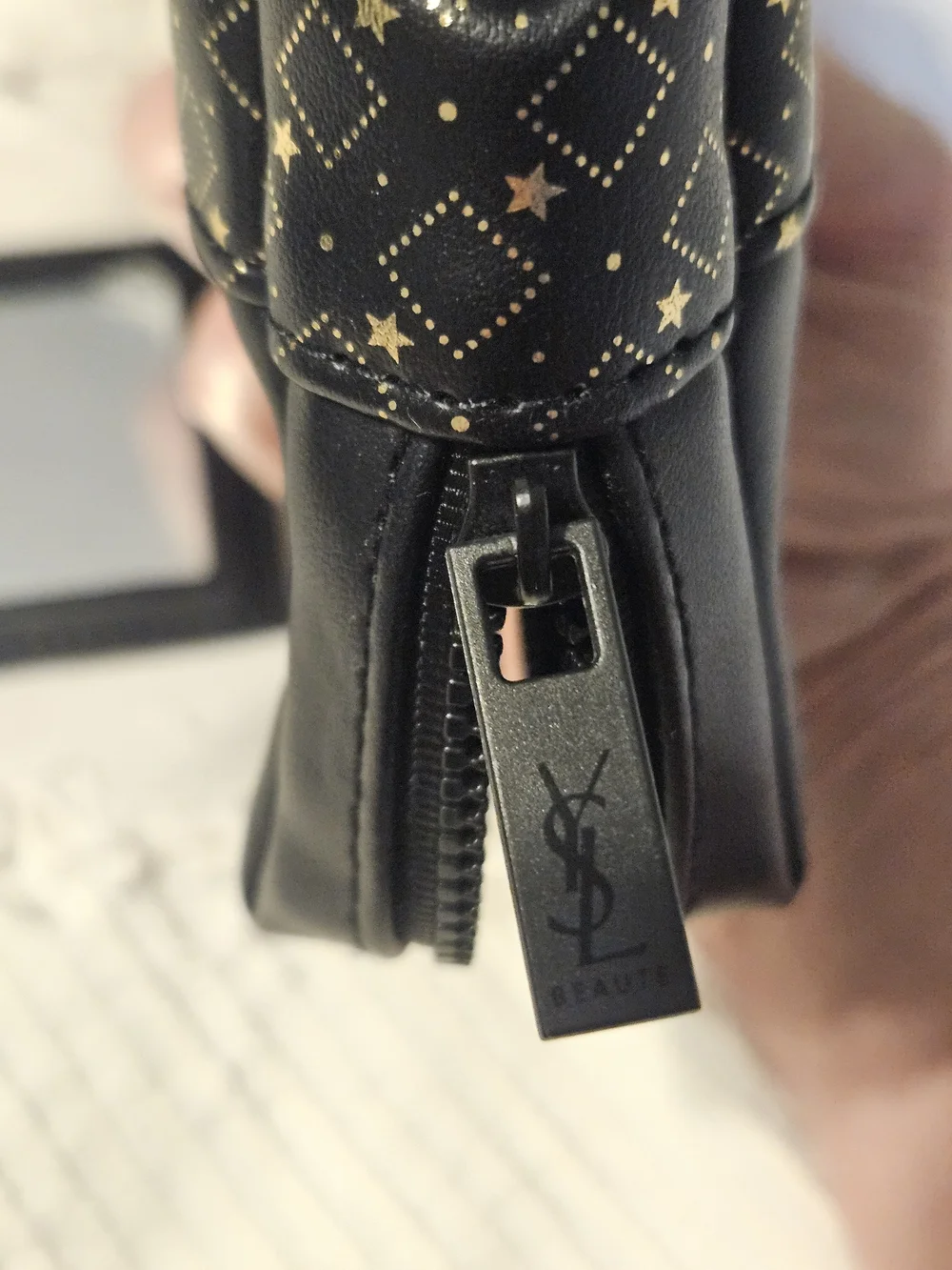 NWOT- Yves Saint Laurent Black & Gold Cosmetic Pouch and Mirror Holder Set